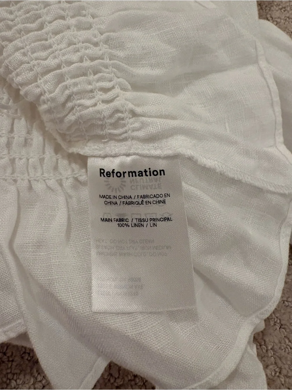 Reformation White Smocked Linen Puff Sleeve Blouse Size S